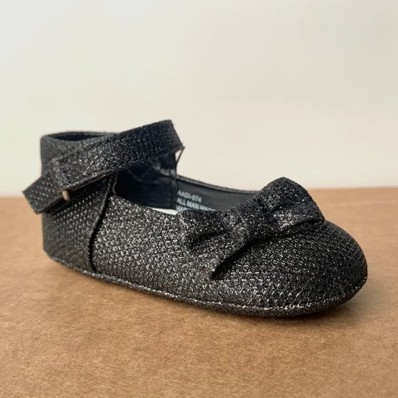 Baby Infant Girl Glitter Side Bow Ankle Strap Walker Bootie - Black Glitter - Picture 1 of 6